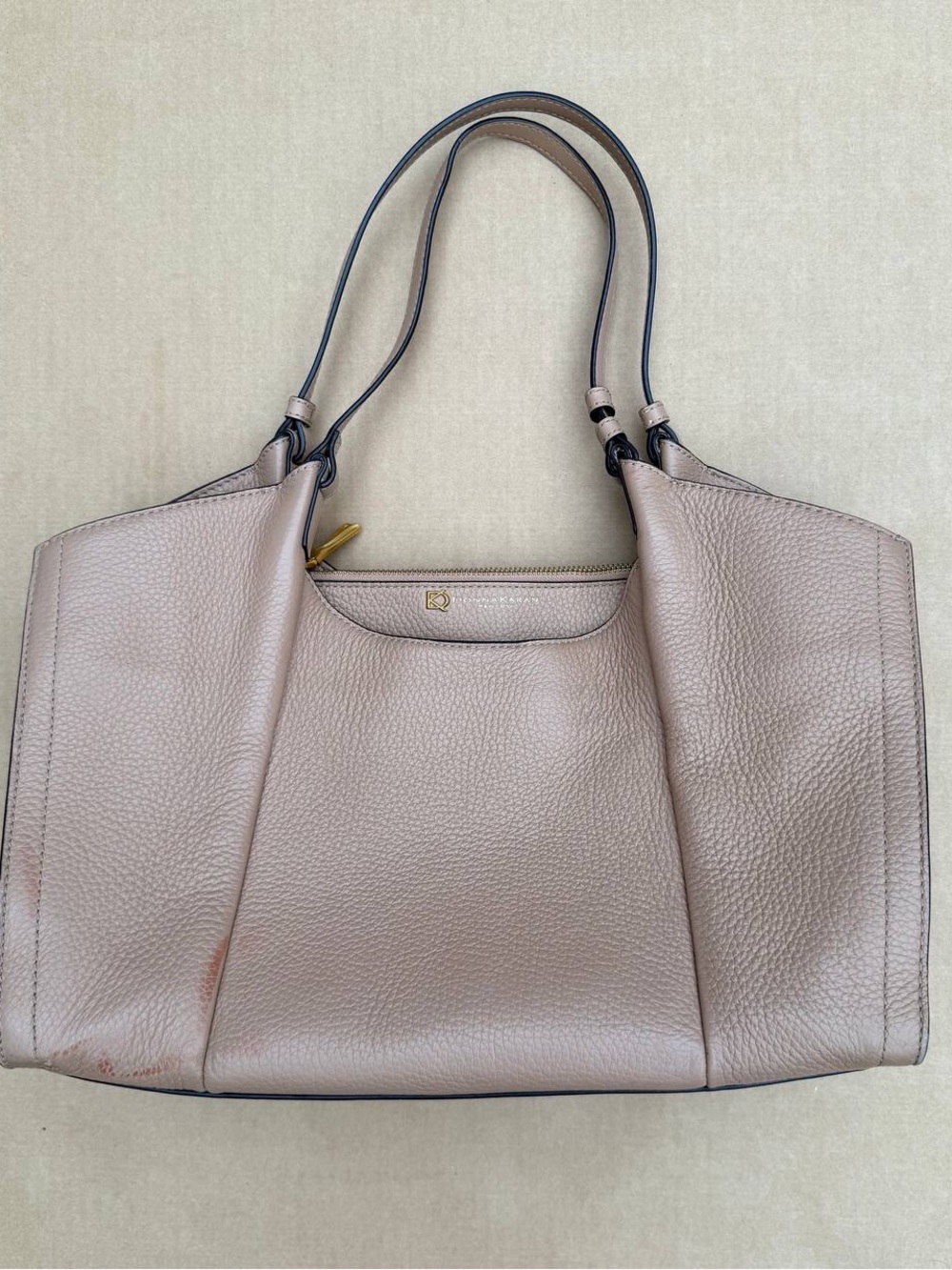 DKNY Donna Karan New York Large Pebbled Shoulder Tote Bag Taupe Gold Tone